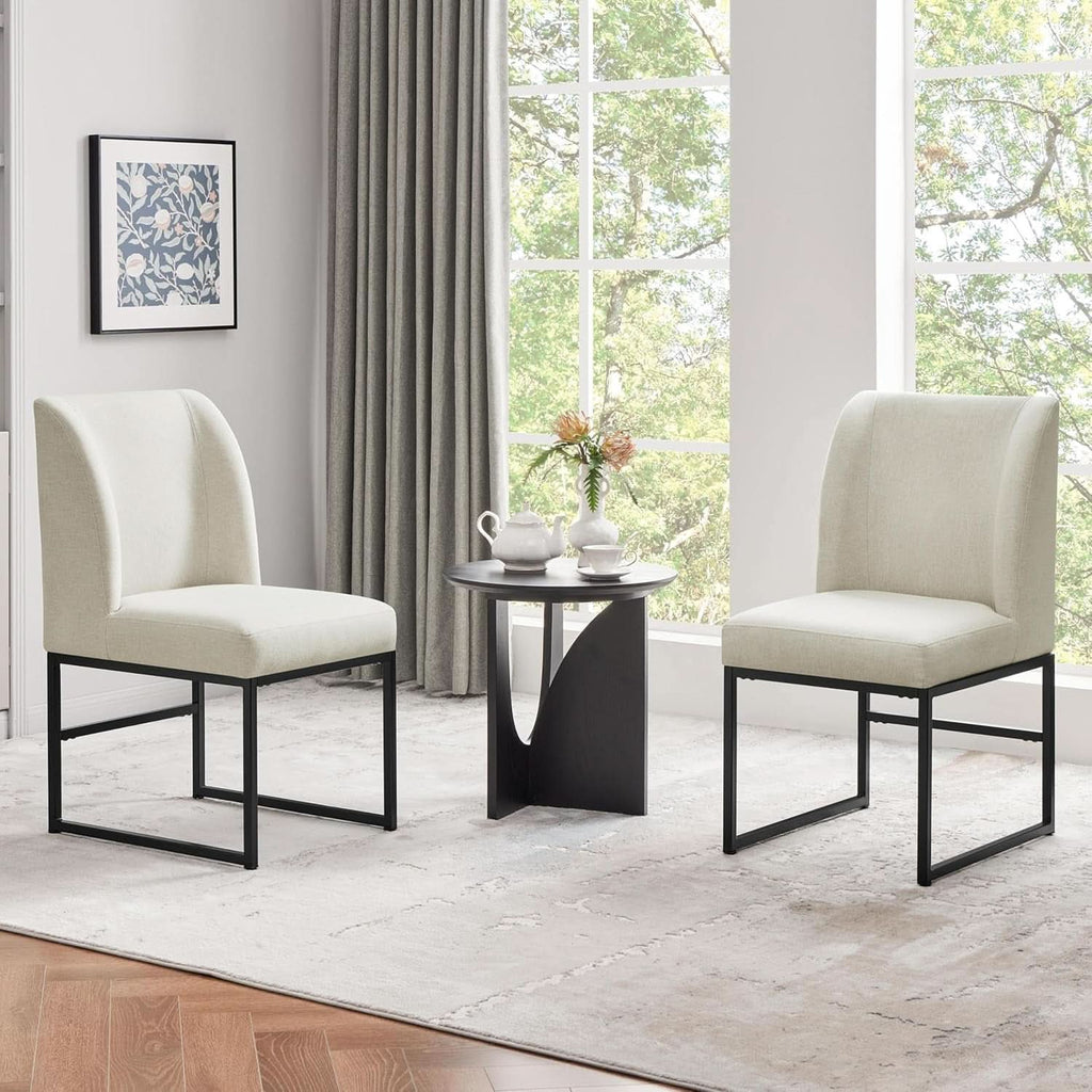 Beige Upholstered Dining Chairs Mid Back With Metal Legs 2-1