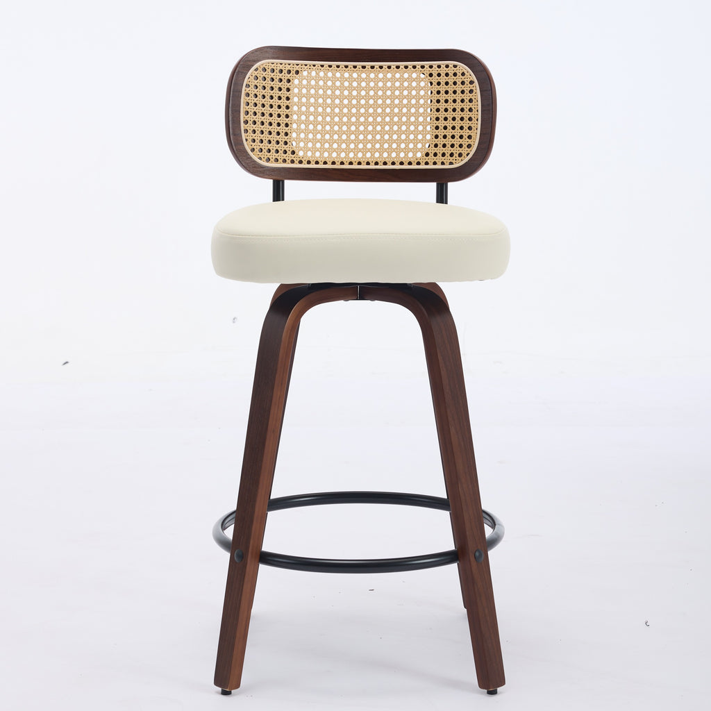Set of 3 Rattan Swivel Counter Stools – Walnut & Beige