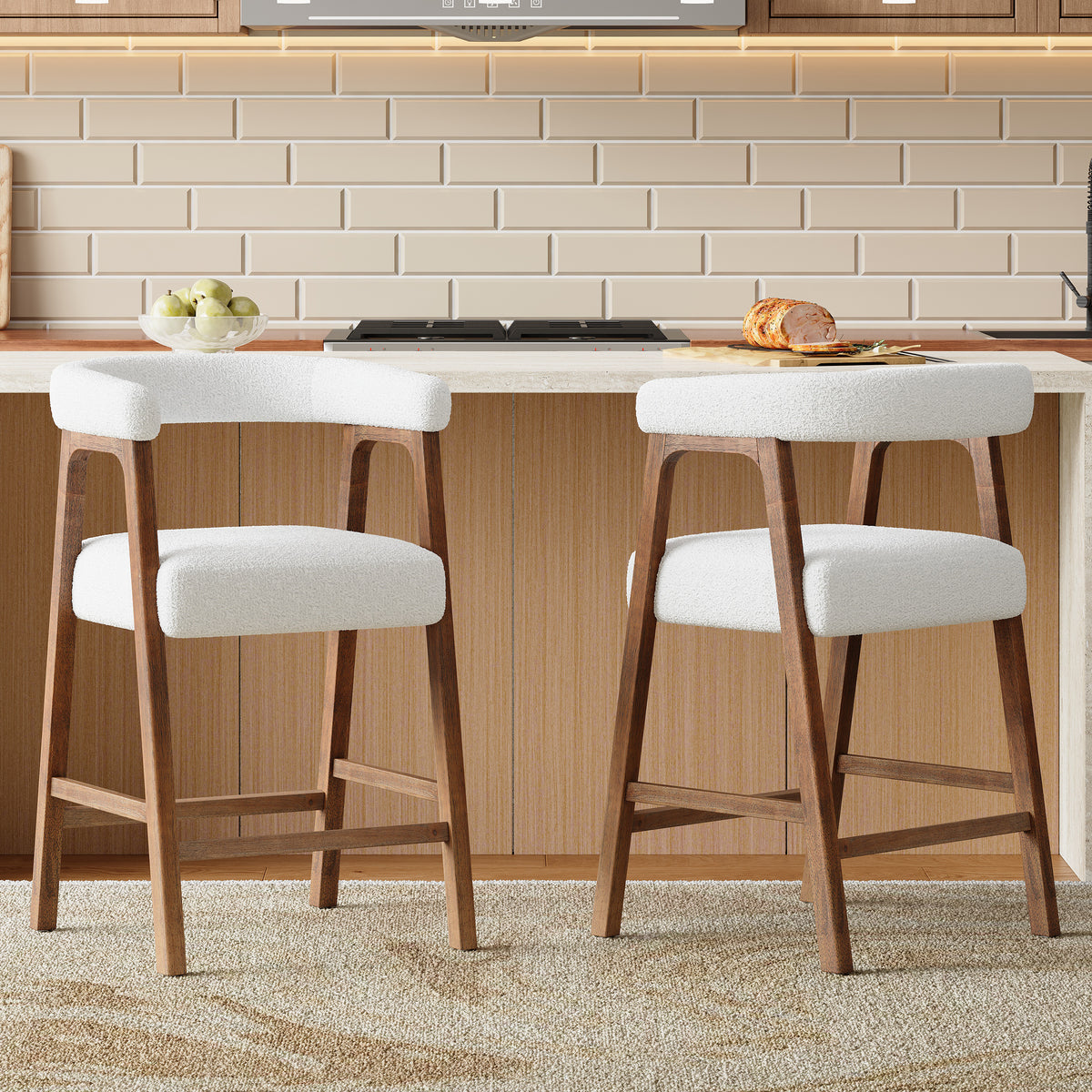 Set of 2 Upholstered Counter Stools – Walnut, 26″ Seat Height – Walnut