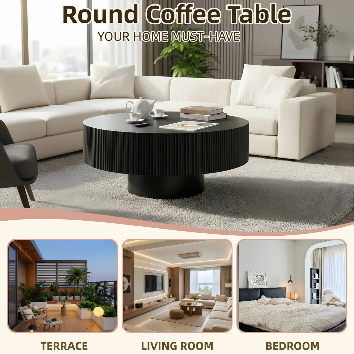 Round Fluted Pedestal Coffee Table – Black
