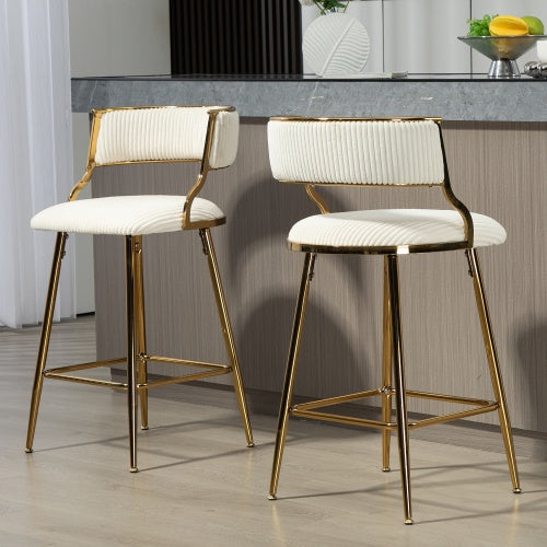 Set of 2 Corduroy Counter Stools with Gold Base – Gray