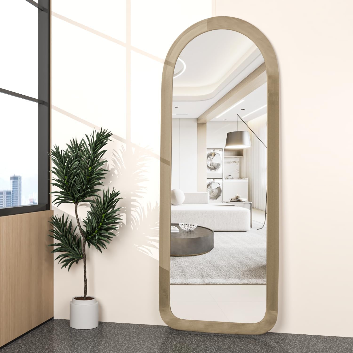 56x20 Arched Frame FullLength Floor Mirror Milk Tea-4