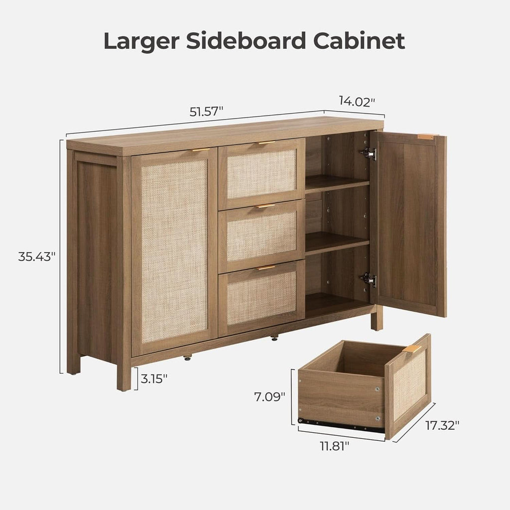 Caramel Oak Rattan Large Sideboard Buffet Storage Cabinet-1