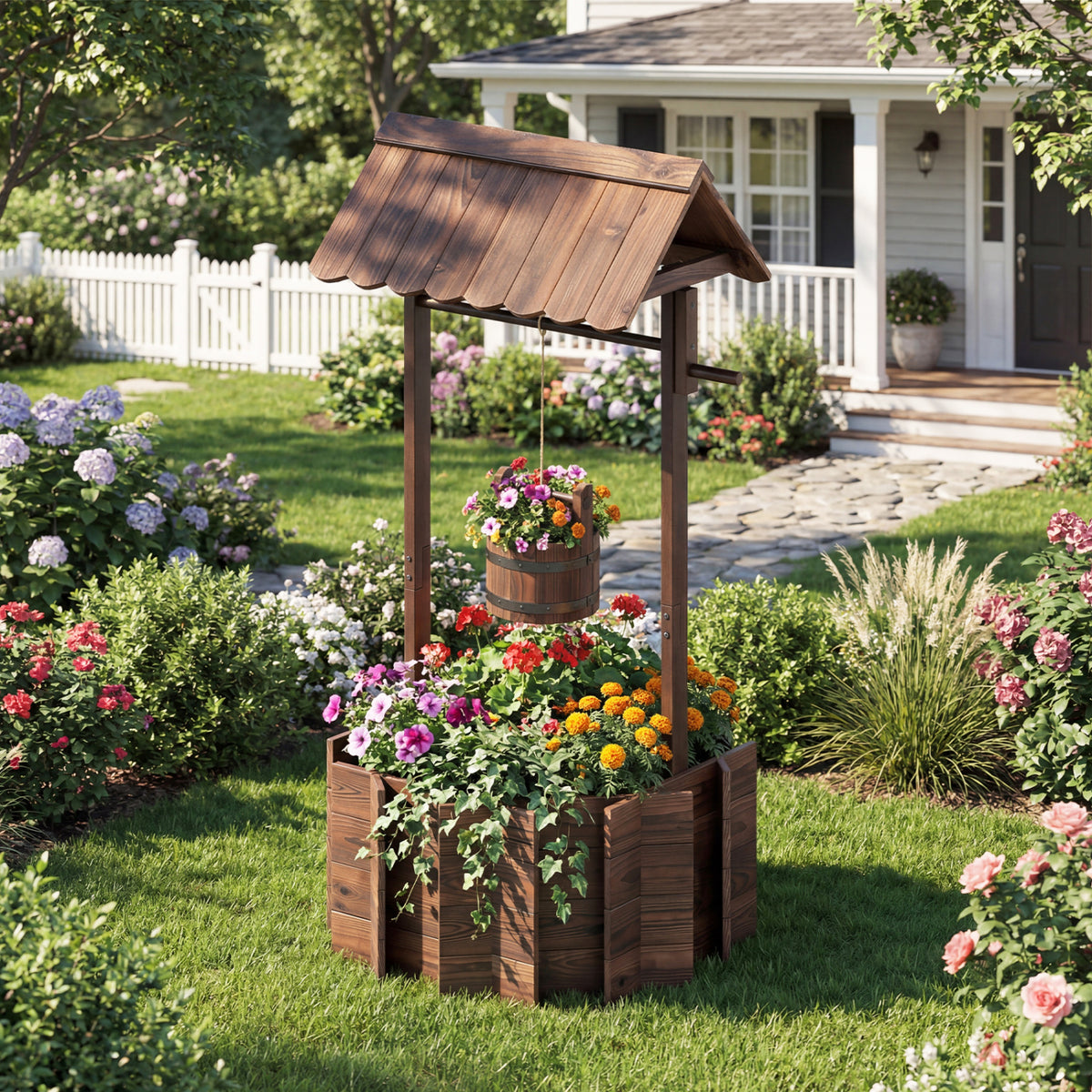 Rustic Wood Wishing Well Planter