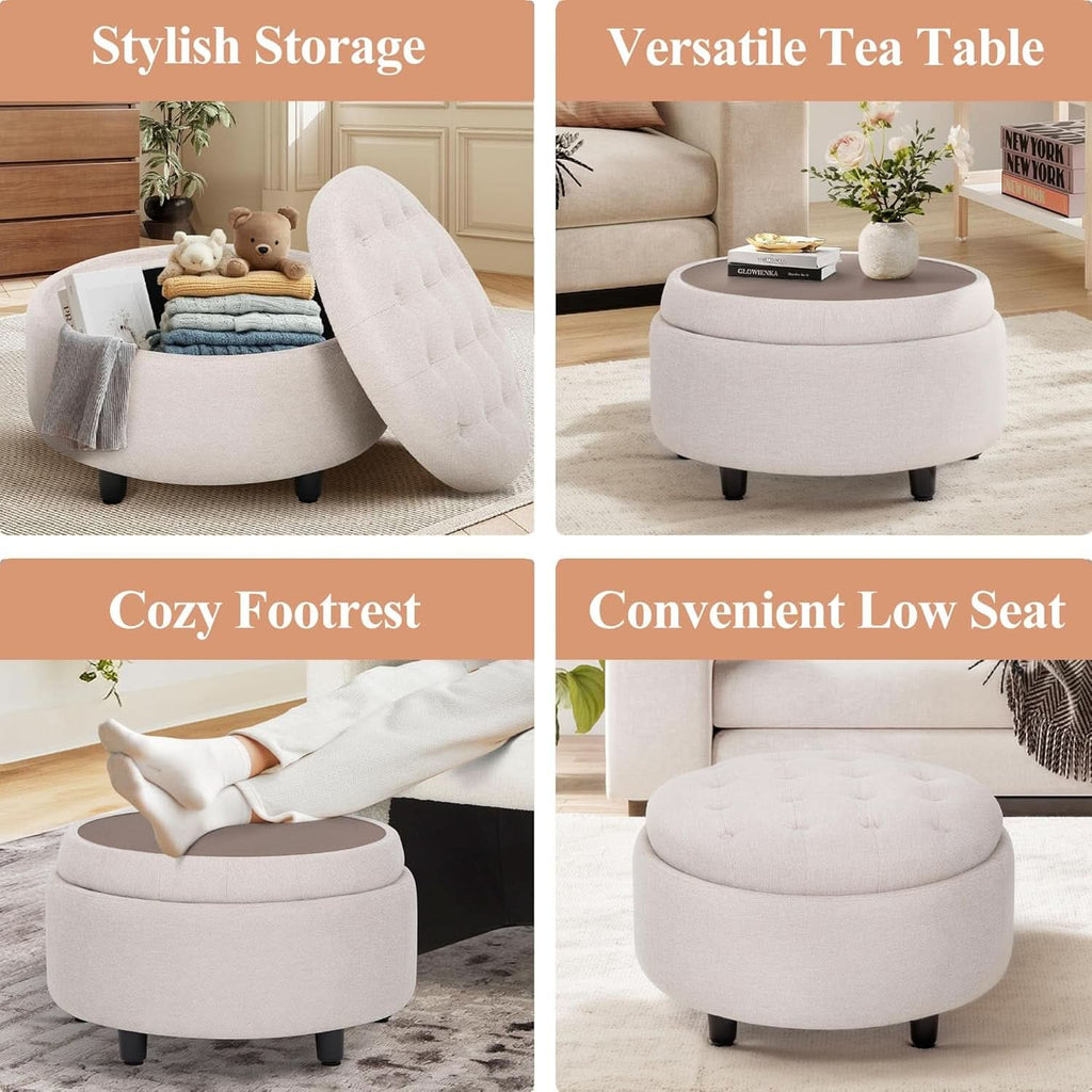 Beige Polyester Circular Storage Ottoman With Tray-2