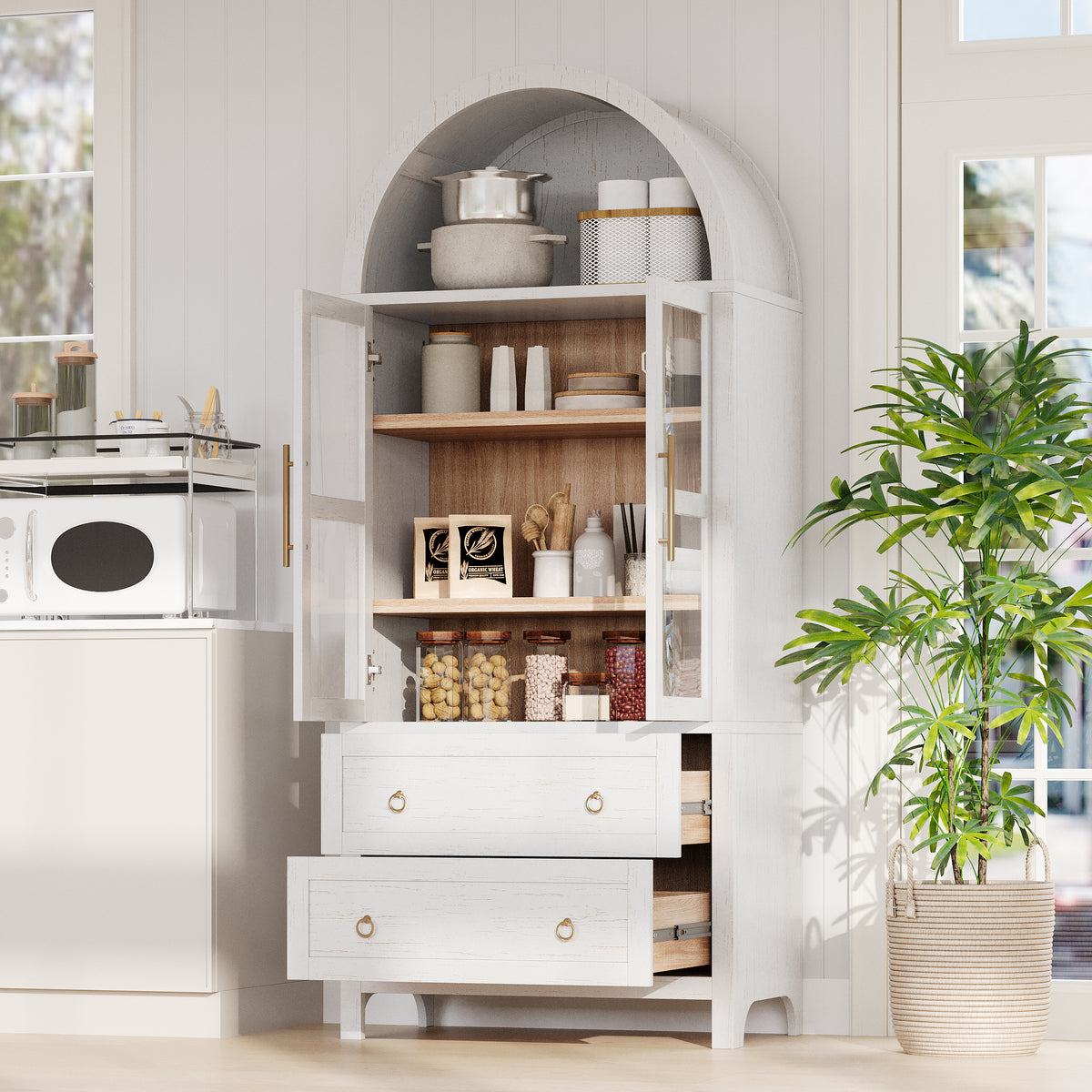 71" White Arched Pantry Cabinet with Glass Doors