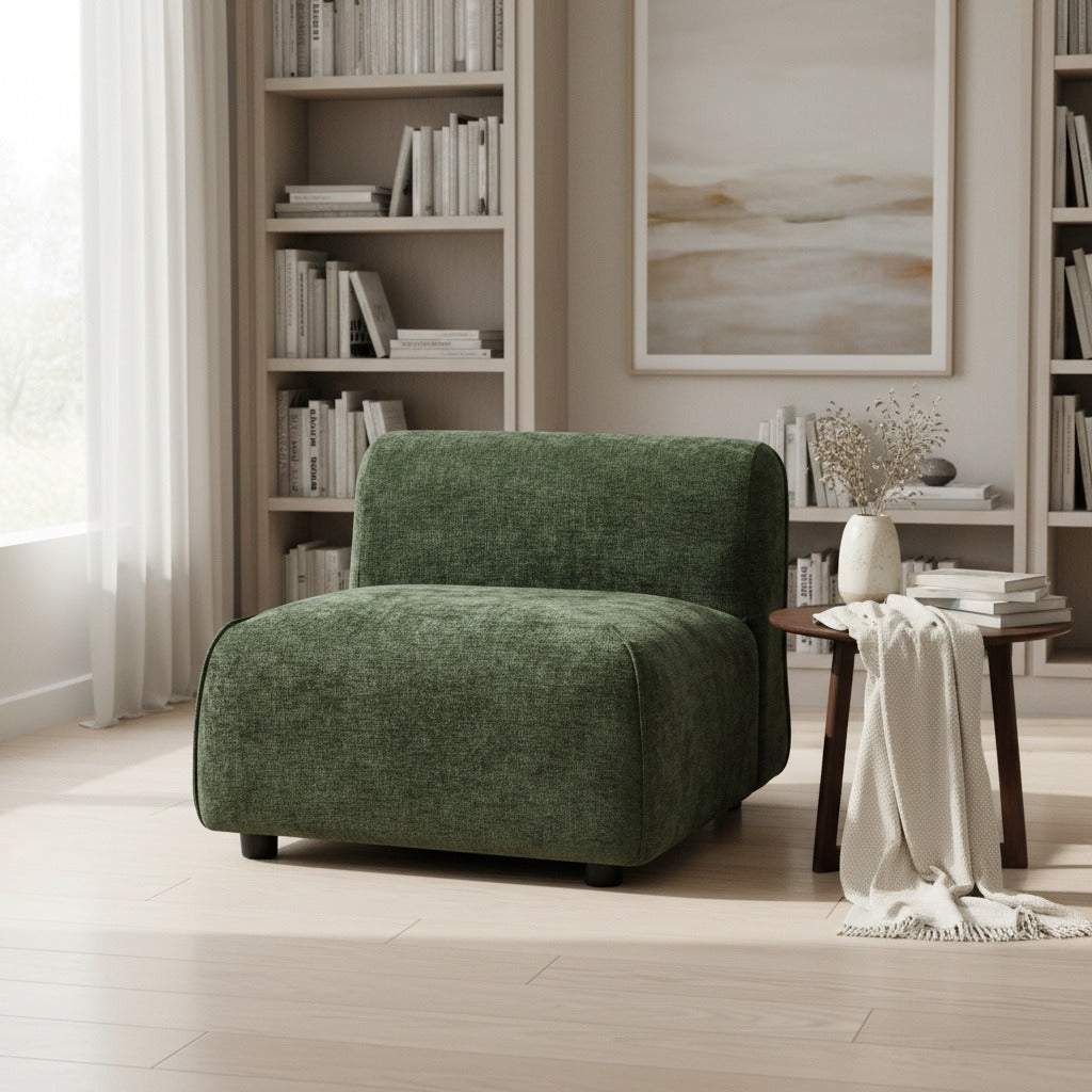 Modern Curved Upholstered Accent Chair – Green Plush Lounge Chair
